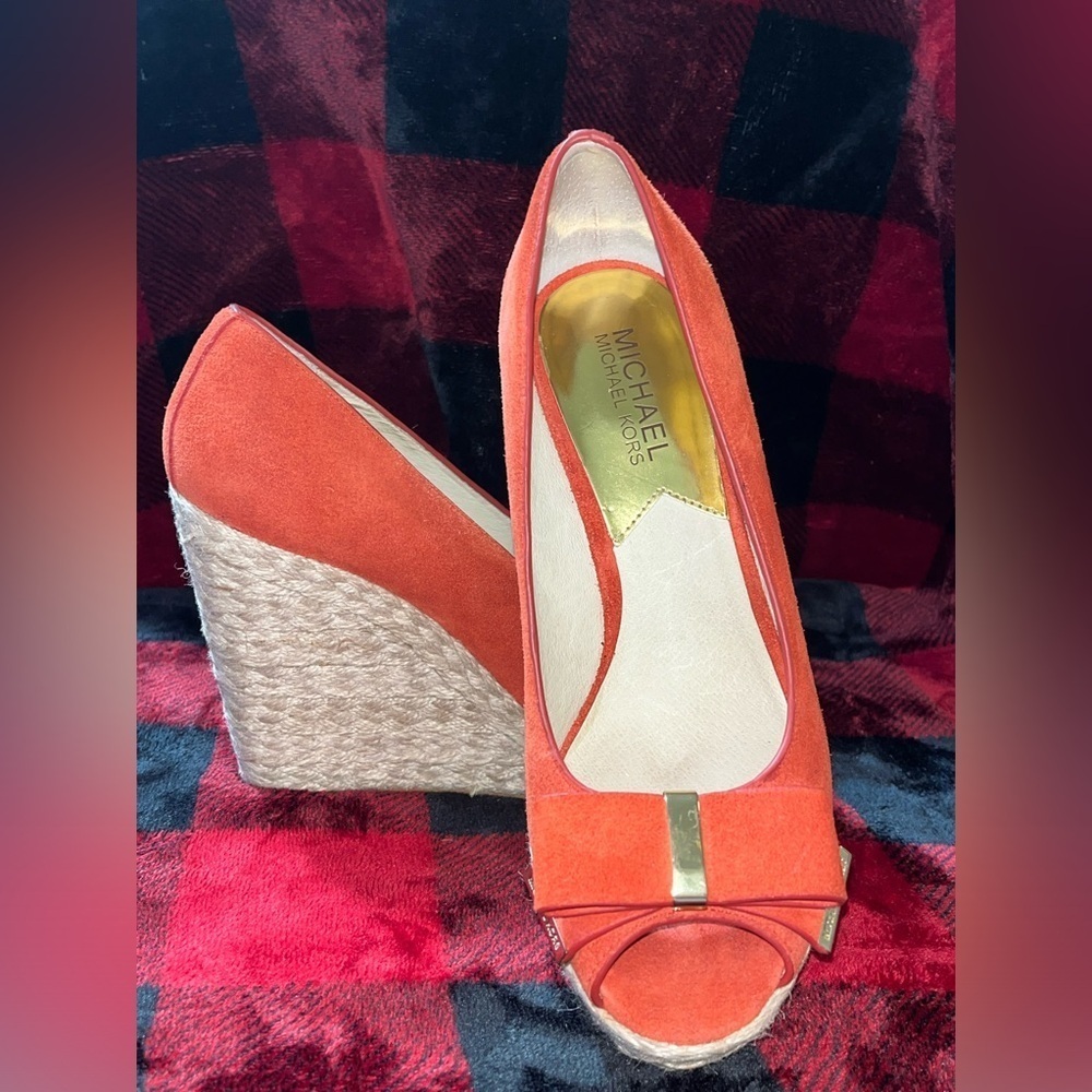 MICHAEL KORS MEG 7M Wedges SUEDE Heels ORANGE Open Toes Peep Platforms Shoes - Picture 6 of 15